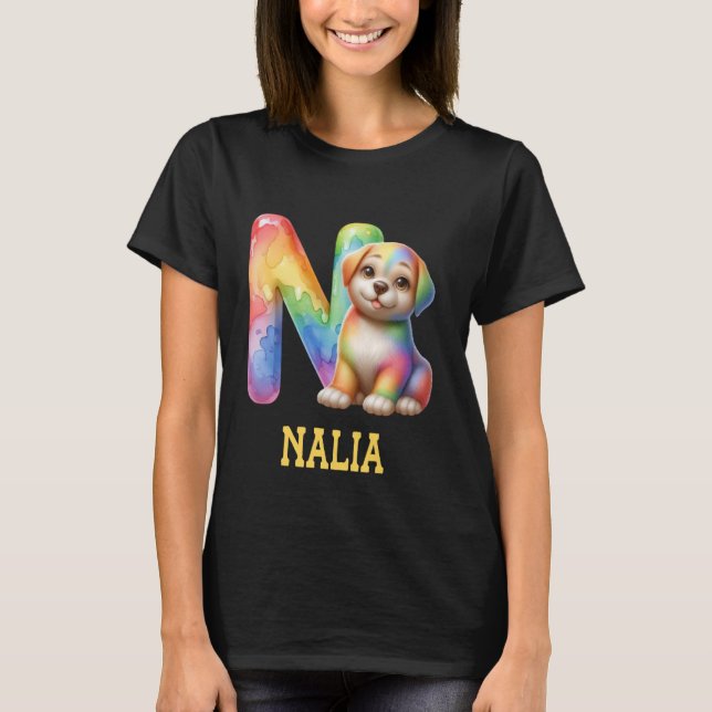 T-shirt Lettre Chiens mignons Nalia Nom Chien arc-en-ciel (Devant)