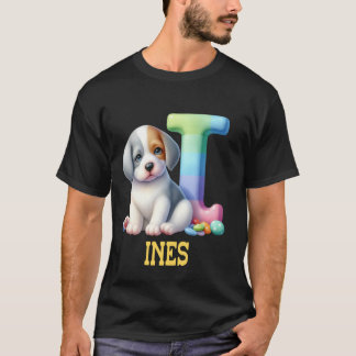 T-shirt Lettre Chiens mignons Nom Ines Chien arc en ciel