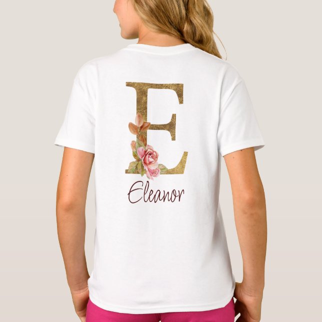 T-shirt Lettre de nom personnalisée E Roses roses blush fe (Dos)