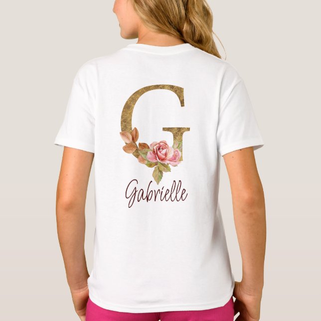 T-shirt Lettre de nom personnalisée G Roses roses blush fe (Dos)