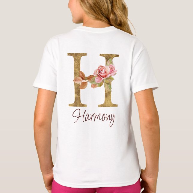 T-shirt Lettre de nom personnalisée H Roses roses blush en (Dos)