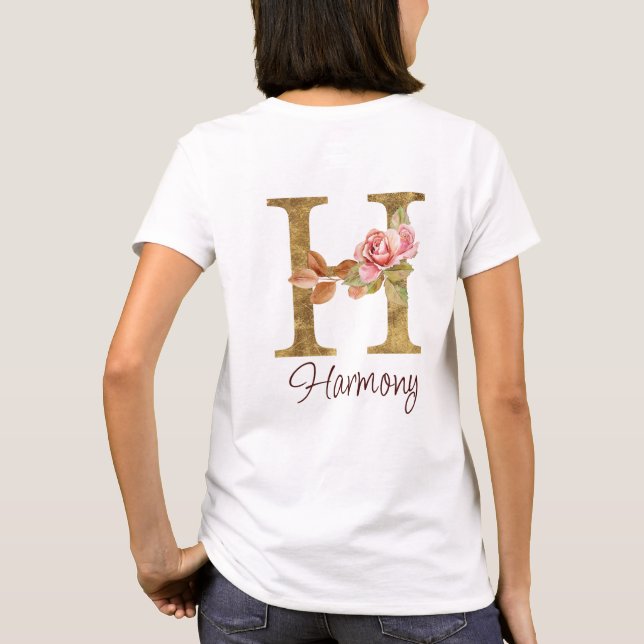 T-shirt Lettre de nom personnalisée H Roses roses blush fe (Dos)