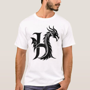 T-shirt Lettre de style dragon H, alphabet du dragon, mono
