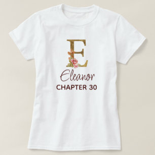 T-shirt Lettre E Monogramme Or Roses Rose Clair Anniversai