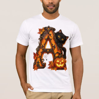T-shirt Lettre gothique A Citrouille d'Halloween & Chat No