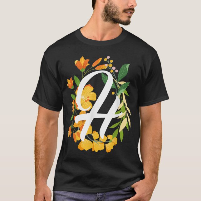T-shirt Lettre H Majuscule Alphabet Fleurs Monogramme Init (Devant)