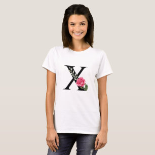 T-shirt Lettre initiale de monogramme X en noir avec rose