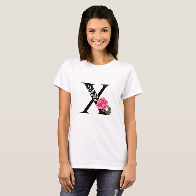 T-shirt Lettre initiale de monogramme X en noir avec rose  (Devant entier)