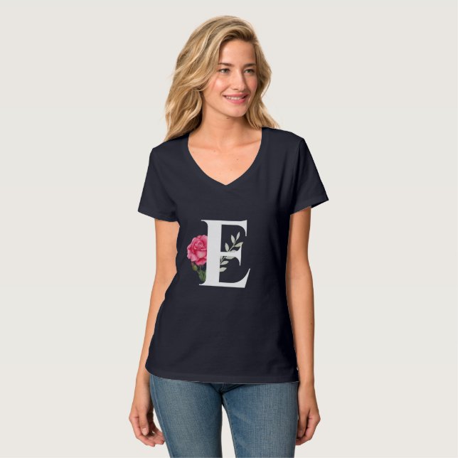 T-shirt Lettre initiale E Monogramme rose blanche (Devant entier)