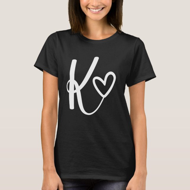 T-shirt lettre initiale K nom monogramme forme de coeur bl (Devant)