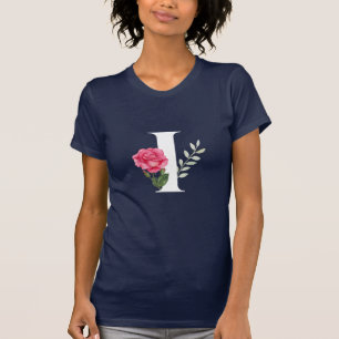 T-shirt Lettre initiale Monogramme I en blanc avec rose ro