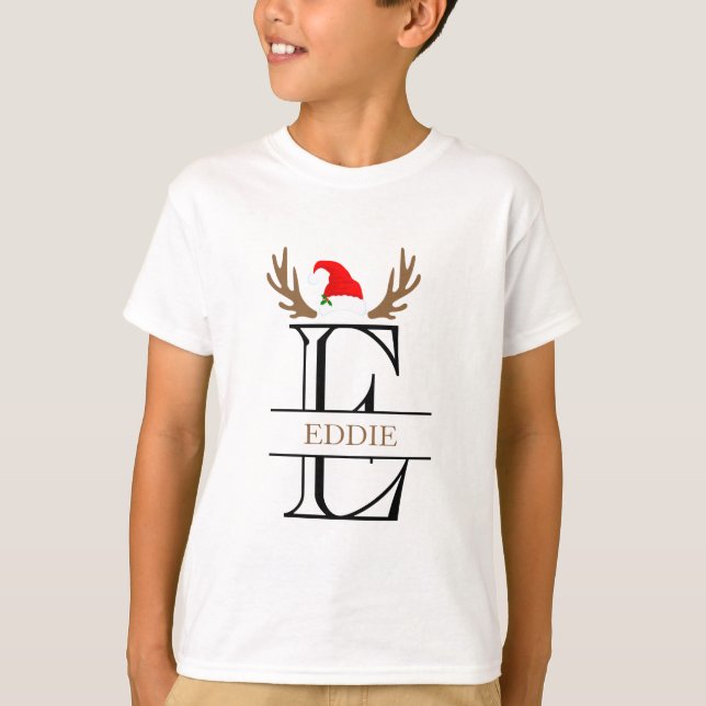 T-shirt Lettre initiale personnalisée E Santa Hat Antlers (Devant)