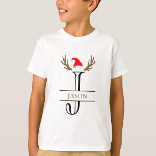 T-shirt Lettre initiale personnalisée J Santa Hat Antlers