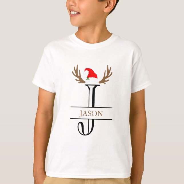 T-shirt Lettre initiale personnalisée J Santa Hat Antlers (Devant)