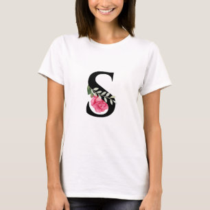 T-shirt Lettre initiale S en noir avec rose