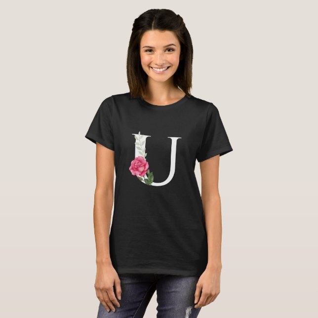 T-shirt Lettre initiale U en blanc avec rose rose (Devant entier)