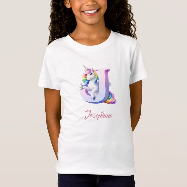 T-Shirt Lettre J de la licorne d'anniversaire personnalisé (Devant)