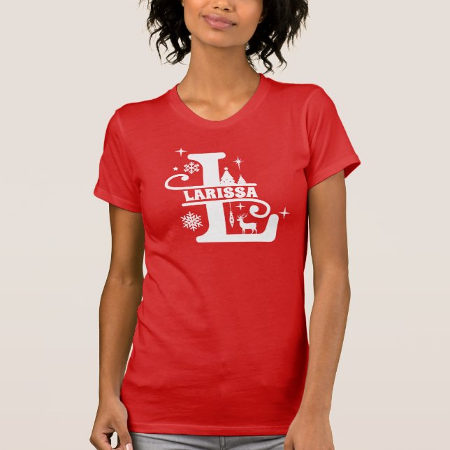 T-shirt Lettre L Noël Monogramme Nom initial Rouge (Devant)