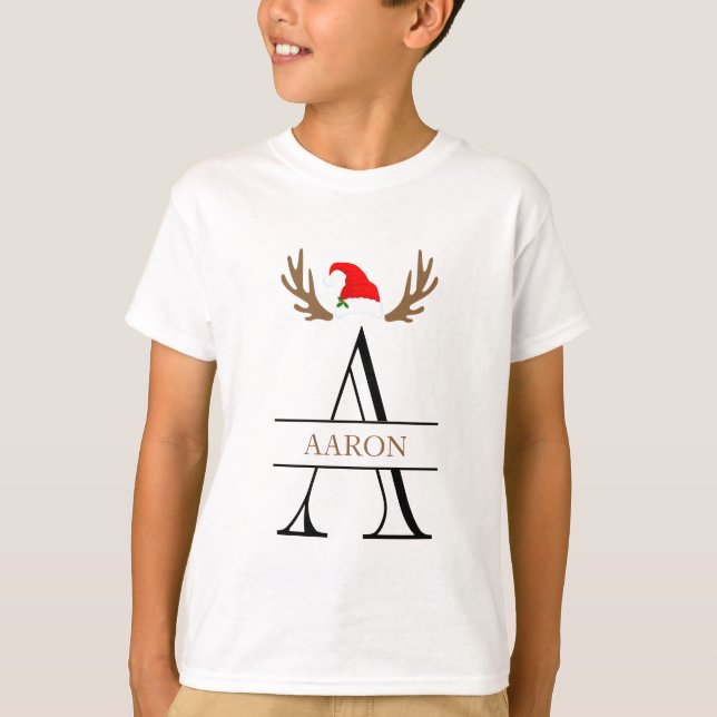 T-shirt Lettre monographie A Noël Nom Antlers Santa Hat T- (Devant)