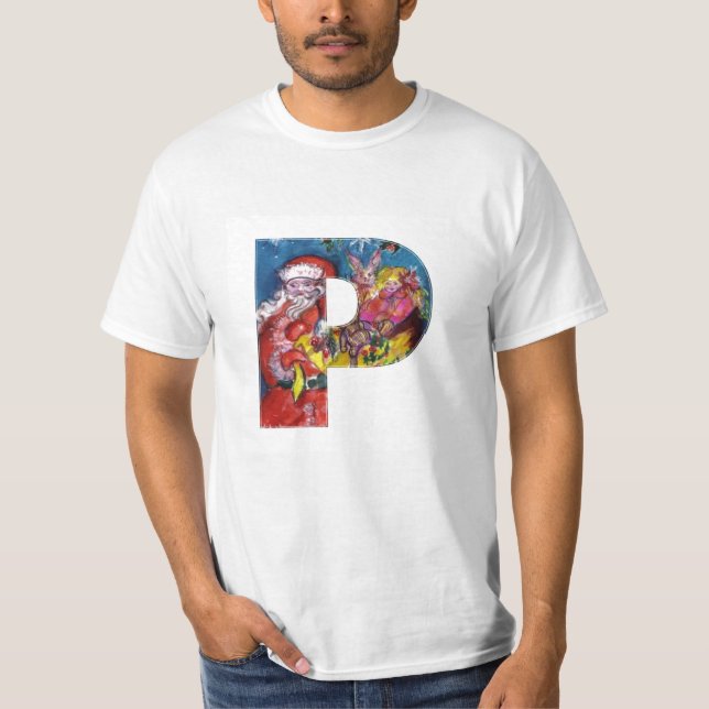 T-SHIRT LETTRE P DE NOËL / PÈRE NOËL AVEC CADEAUX MONOGRAM (Devant)