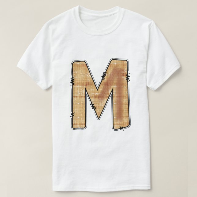 T-shirt Lettre Rurale M Texture de Burlap Monogramme Blanc (Design devant)