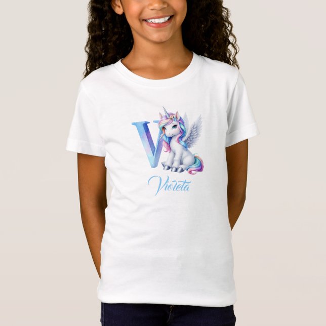 T-Shirt Lettre Unicorne V pastel rose et bleu (Devant)