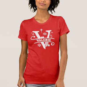 T-shirt Lettre V Noël Monogramme Nom initial Rouge