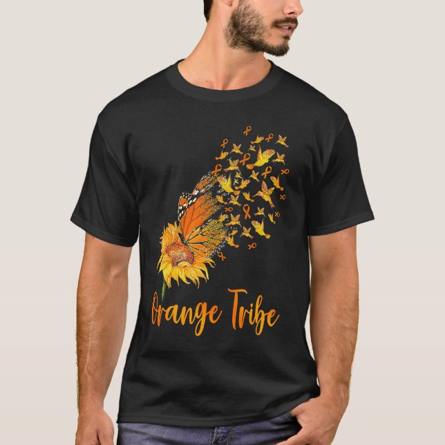 T-shirt Leukemia Awareness Sunflower Butterfly Orange Ribb (Devant)