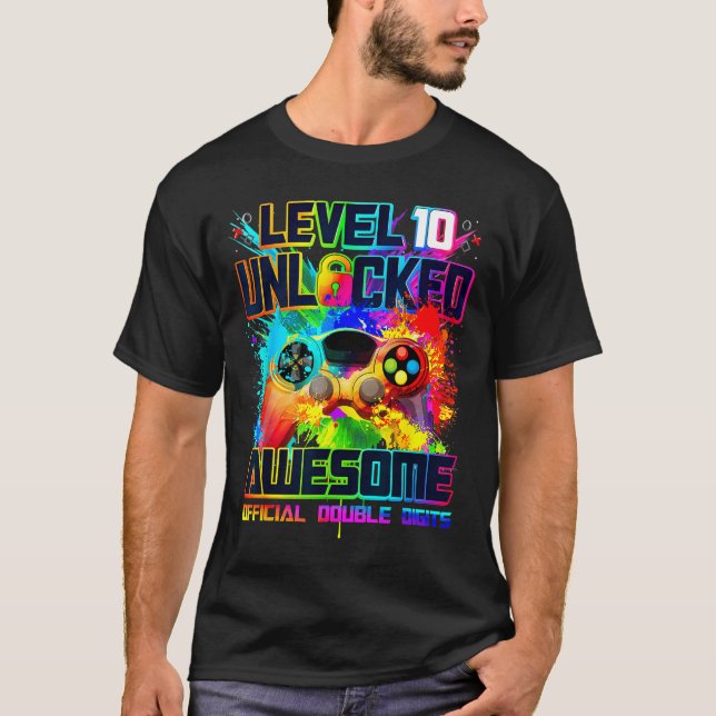 T-shirt Level 10 Unlocked Awesome Gaming Birthday Boy 10th (Devant)