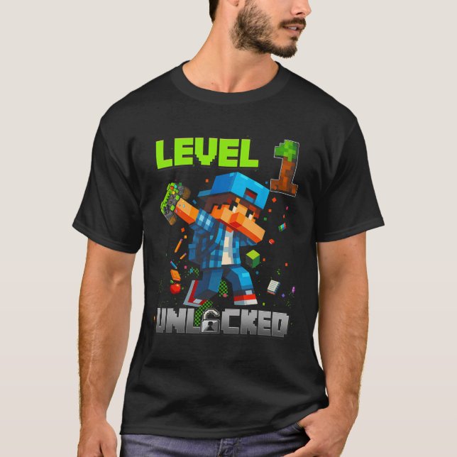 T-shirt Level 1 Unlocked Funy Birthday Boy Pixel Gamer 1st (Devant)
