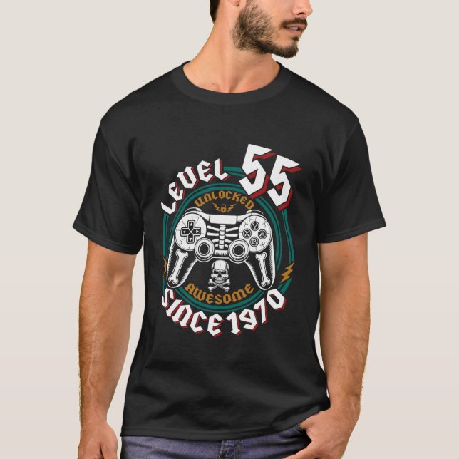 T-shirt Level 55 Unlocked Awesome Since 1970, Gamer 55th B (Devant)