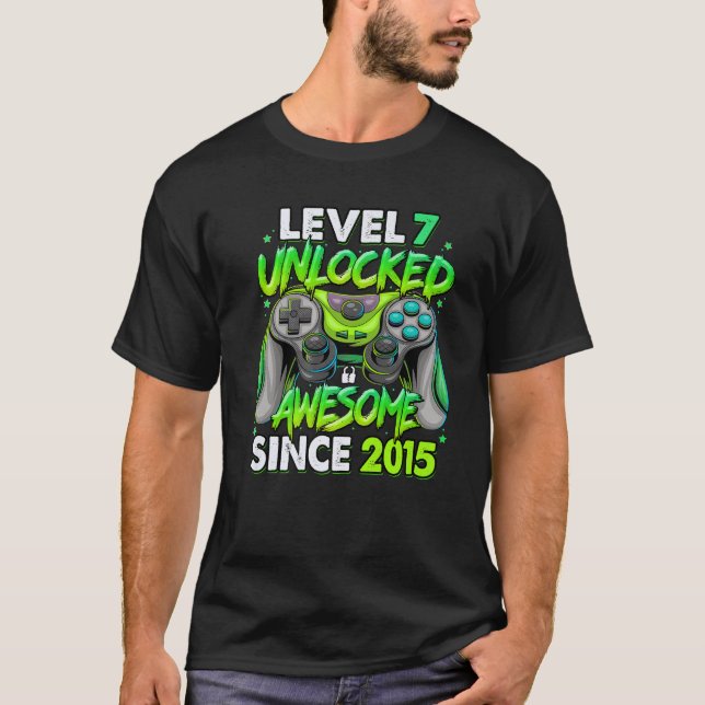 T-shirt Level 7 Unlocked Awesome Since 2015 7Th Birthday G (Devant)