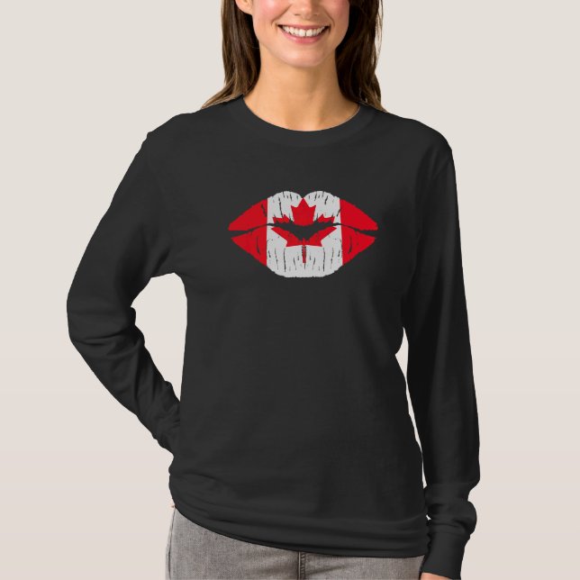 T-shirt Lèvres et feuille d'érable Drapeau canadien Joyeux (Devant)