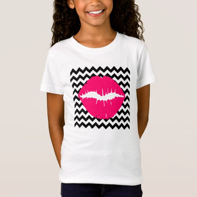 T-Shirt Lèvres rose vif sur Zigzag noir et blanc (Devant)