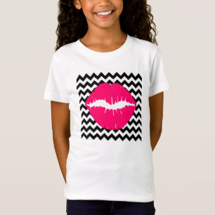 T-Shirt Lèvres roses vives sur zigzag noir et blanc