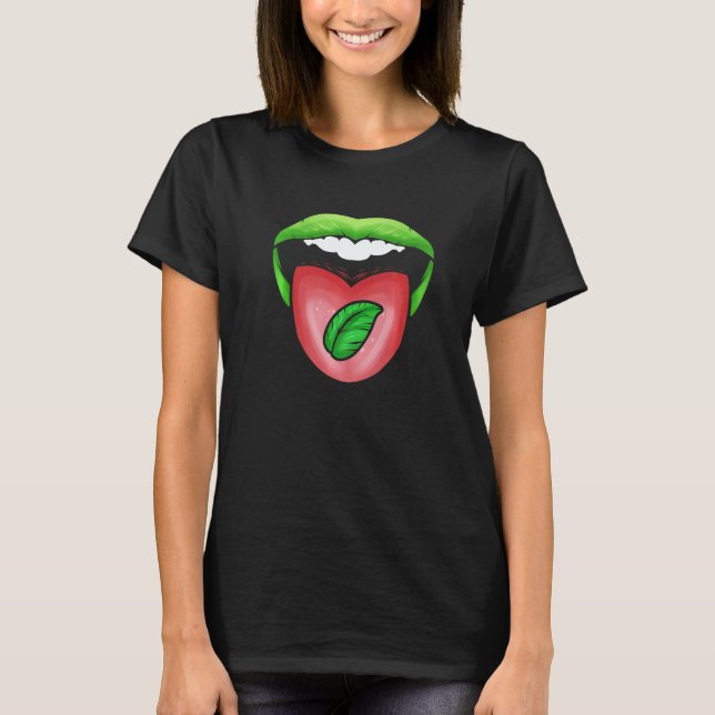 T-shirt Lèvres Vertes De Bouche Avec Feuille Sur Langue Al (Devant)