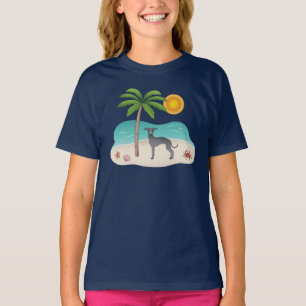 T-shirt Lévrier Italien Bleu à la Plage Tropicale d'Été