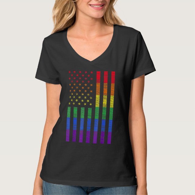 T-shirt Lgbt American Flag Pride Rainbow Gay Lesbian Bi Tr (Devant)
