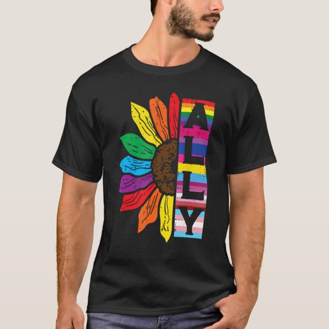 T-shirt Lgbt Gay Ally Sunflower Rainbow Pride Flag Men Wom (Devant)