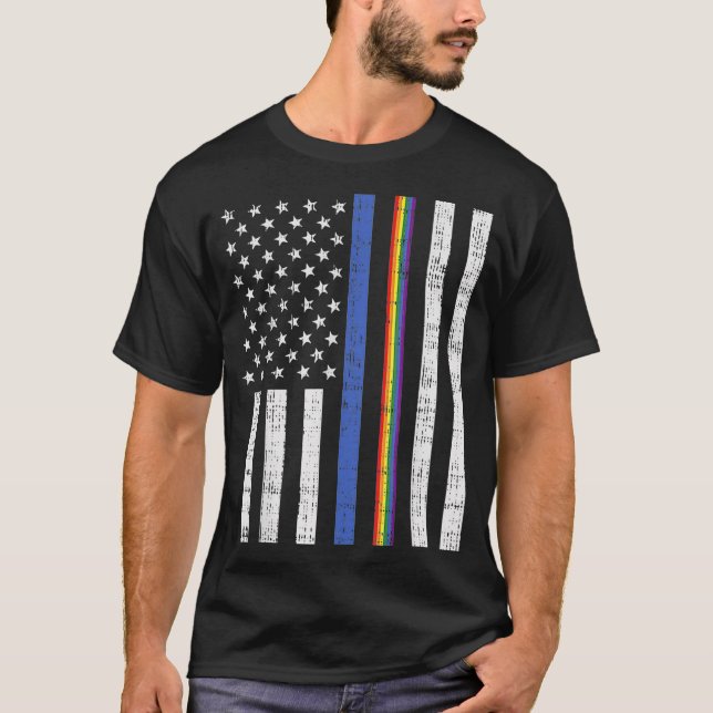 T-shirt LGBT mince ligne bleue arc-en-ciel drapeau américa (Devant)