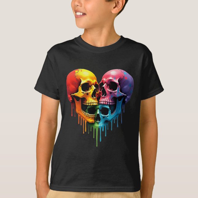 T-shirt Lgbt Pride Halloween Horror Skeleton Skull Rainbow (Devant)