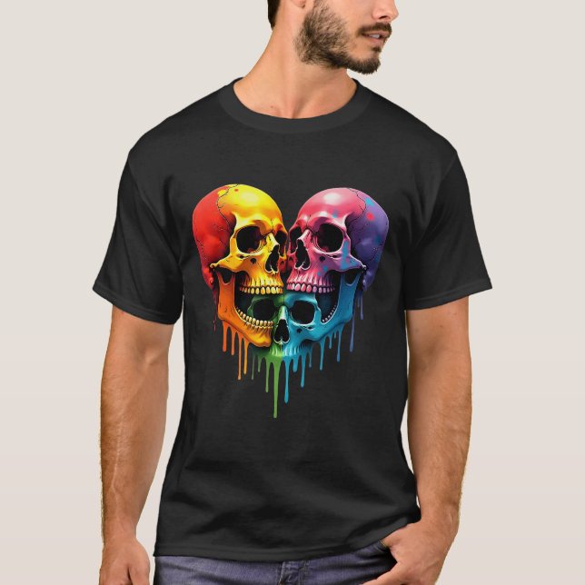 T-shirt Lgbt Pride Halloween Horror Skeleton Skull Rainbow (Devant)