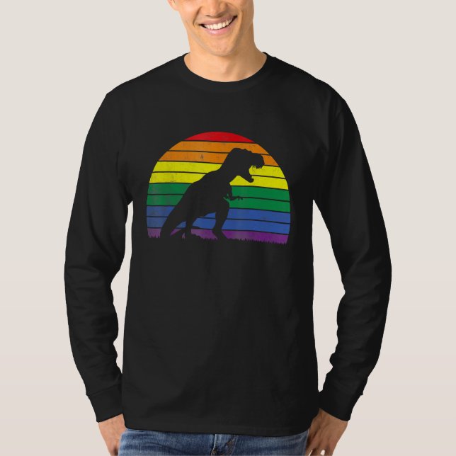 T-shirt LGBT Rex Gay Pride Lesbian Dinosaur Sunset Retro V (Devant)