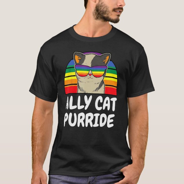 T-shirt LGBTQ Ally Cat Purride Gay Lesbian Pride Rainbow M (Devant)