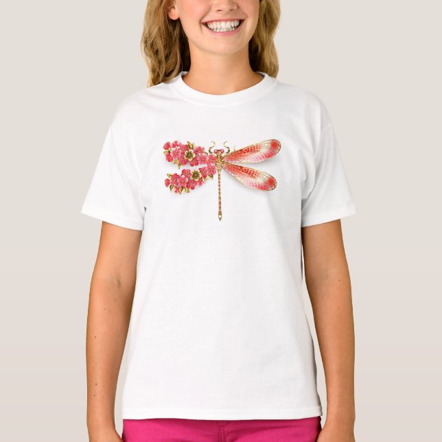 T-shirt libellule de fleurs avec sakura de bijoux (Devant)