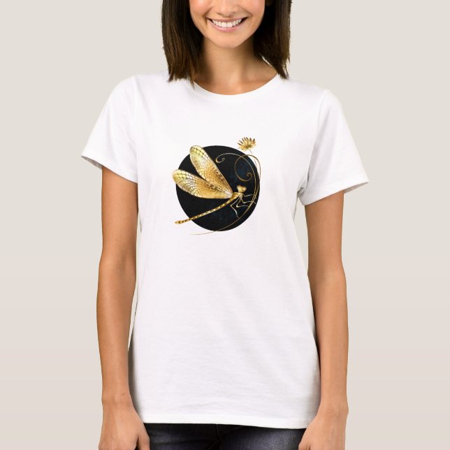 T-shirt libellule d'or en cercle noir (Devant)
