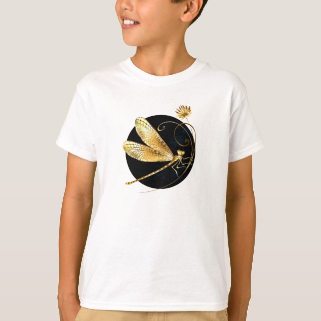 T-shirt libellule d'or en cercle noir (Devant)