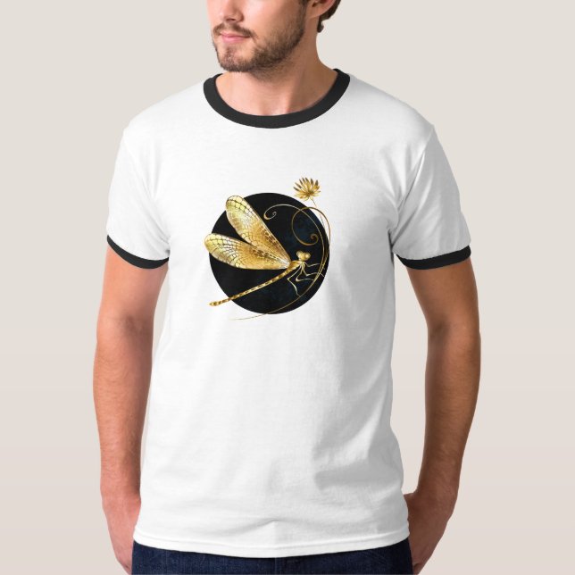 T-shirt libellule d'or en cercle noir (Devant)
