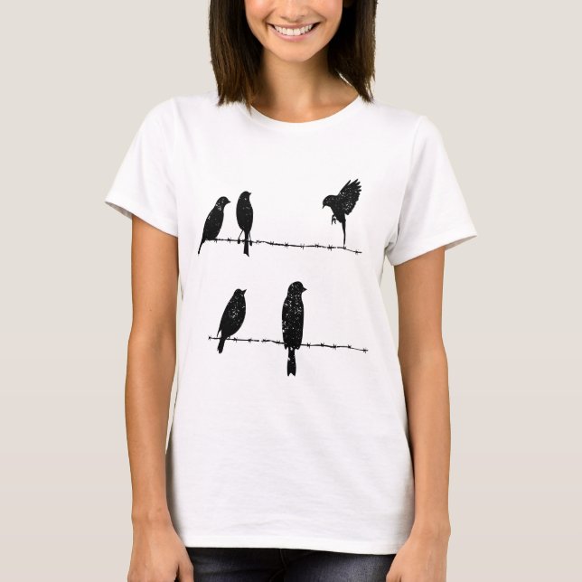 T-shirt Liberté en vol : Les oiseaux s'envolent du fil bar (Devant)