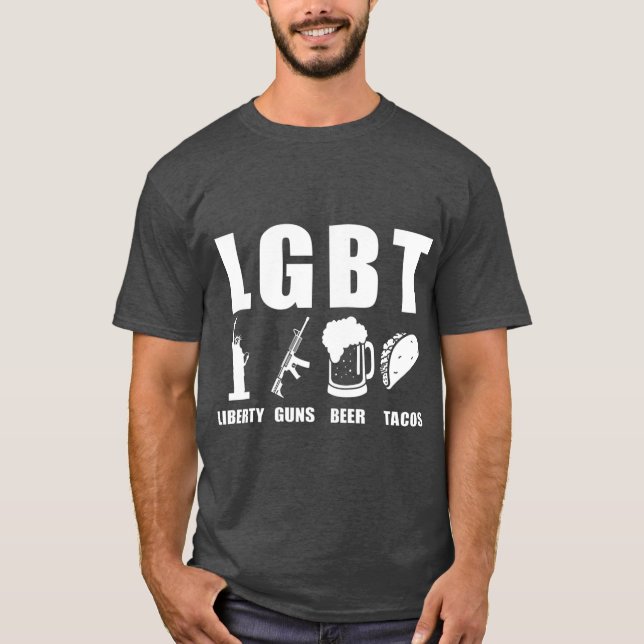 T-shirt Liberty Guns Beer Tacos LGBT Funny Parody Cadeau (Devant)